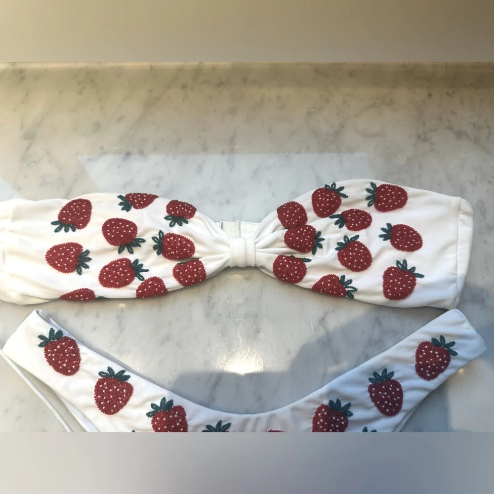 Oceanus Strawberry Print White Bandeau Bikini Top & Bottom Set